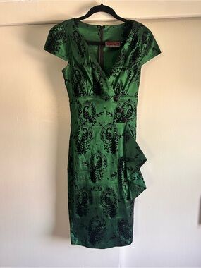 Voodoo Vixen Emerald Green Midi Dress with Black Flock Motif